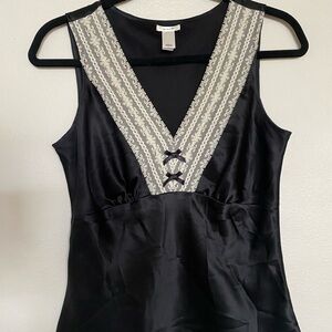 Black Satin Sleeveless Top with Lace Detail